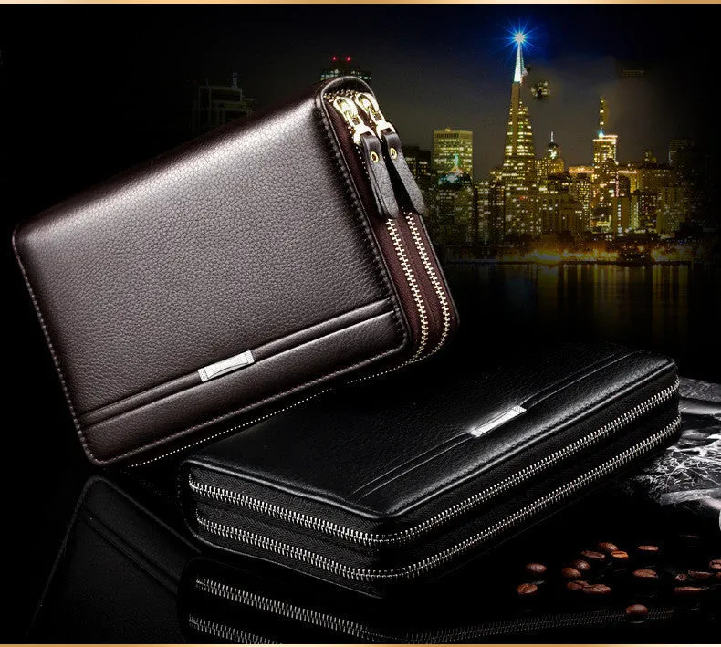 Men's PU leather handbag with zipper, compact 21cm size, black colour, cross-body style