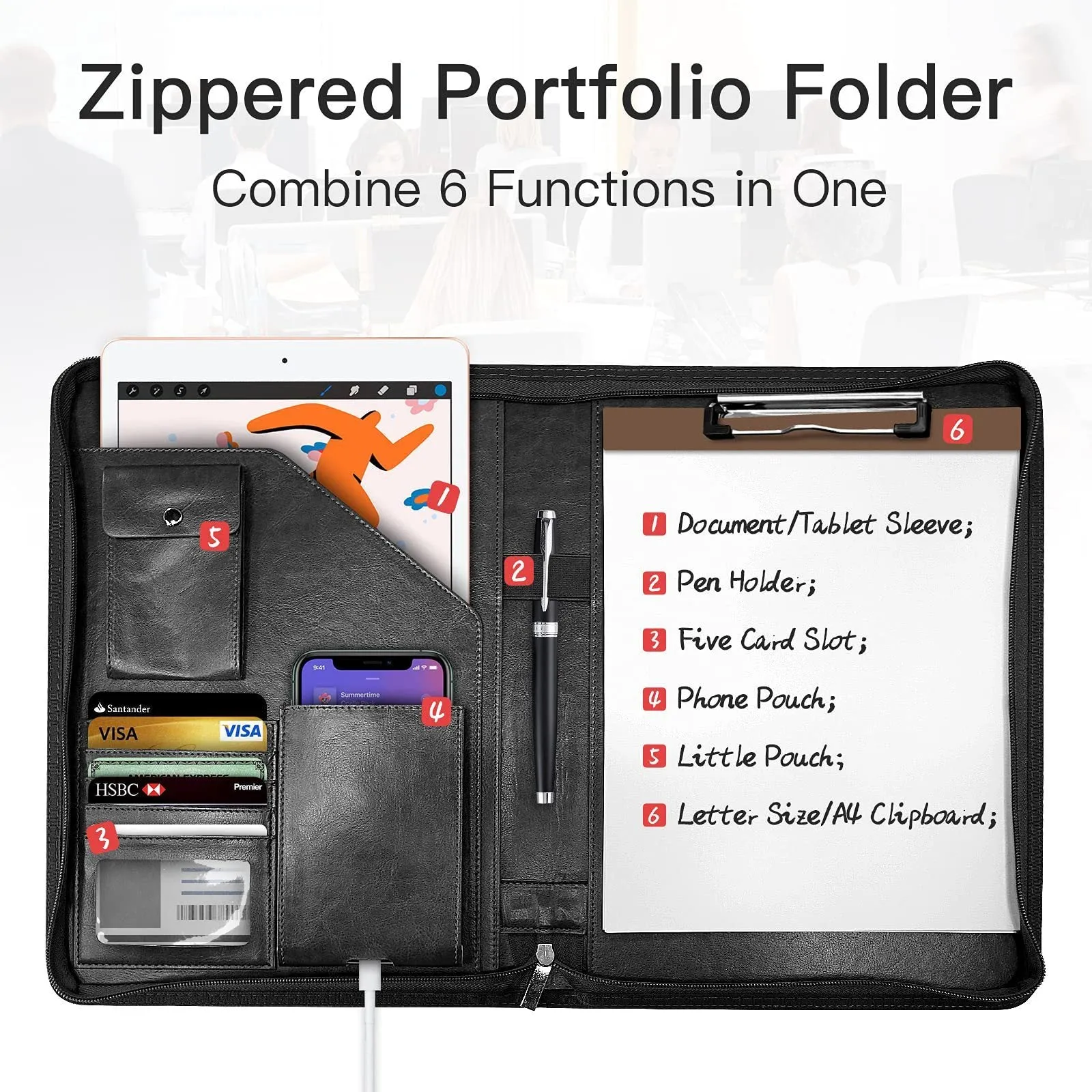 Zipper buggy bag envelope storage waterproof PU 34cm black solid colour with sewing thread detail