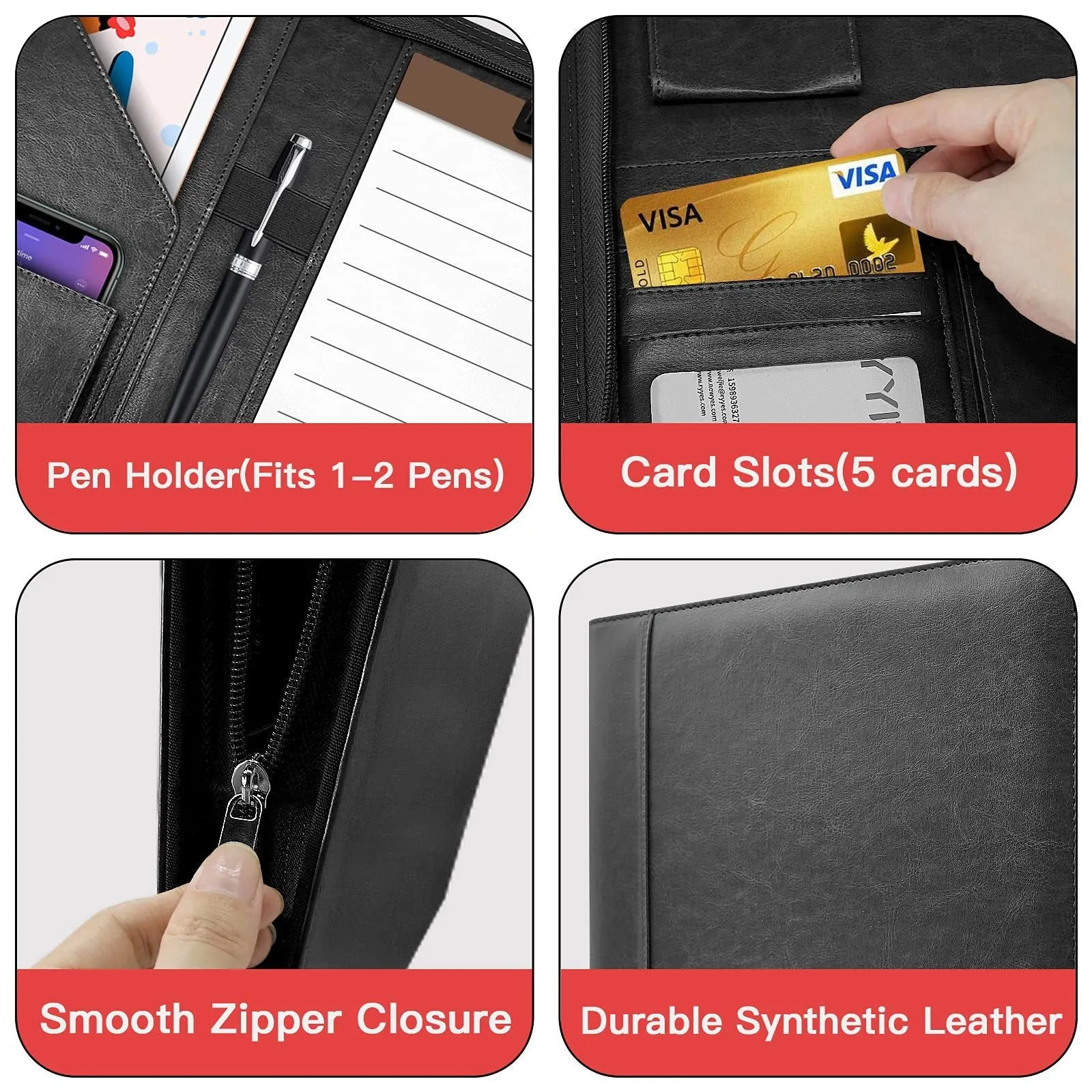 Zipper buggy bag envelope storage waterproof PU 34cm black solid colour with sewing thread detail