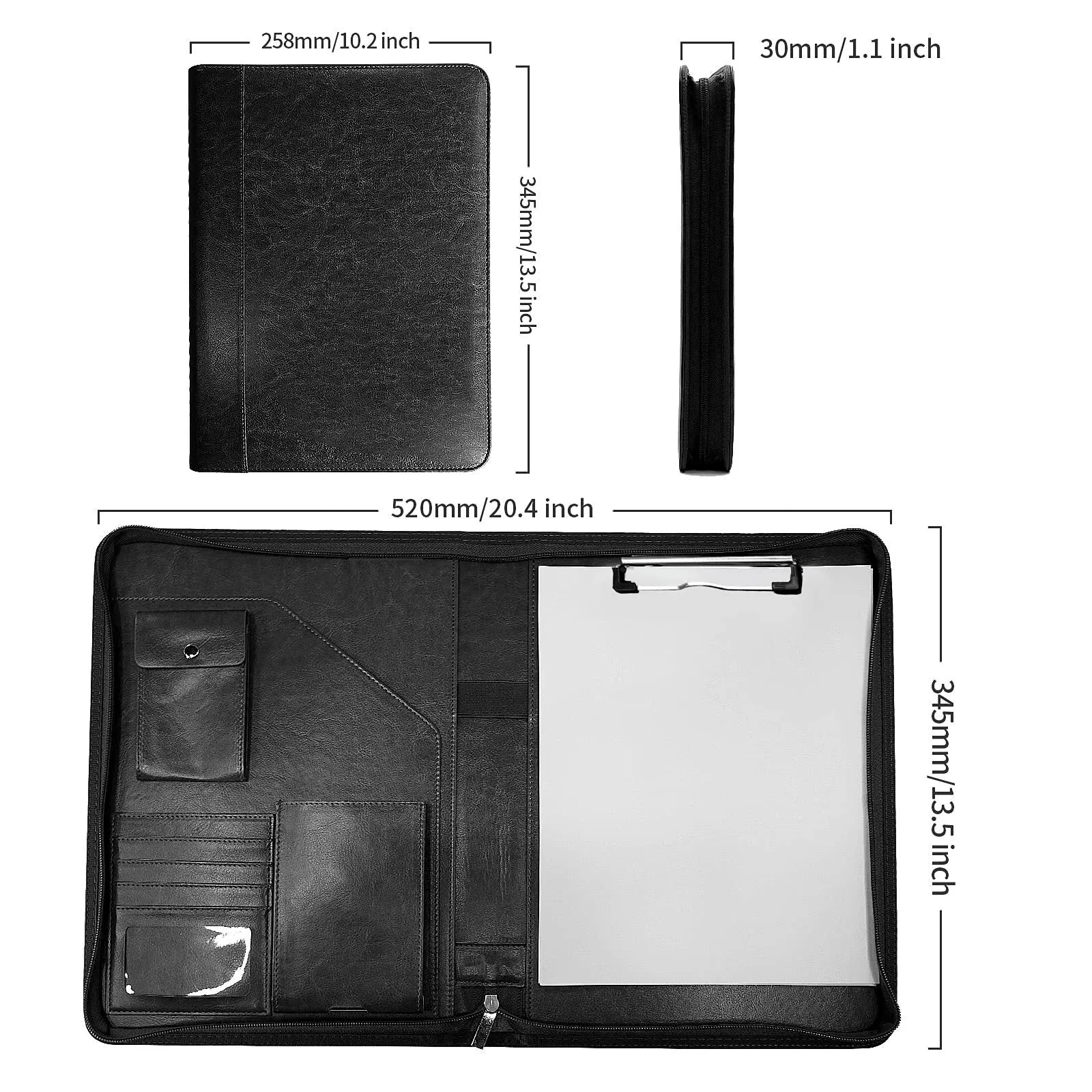 Zipper buggy bag envelope storage waterproof PU 34cm black solid colour with sewing thread detail