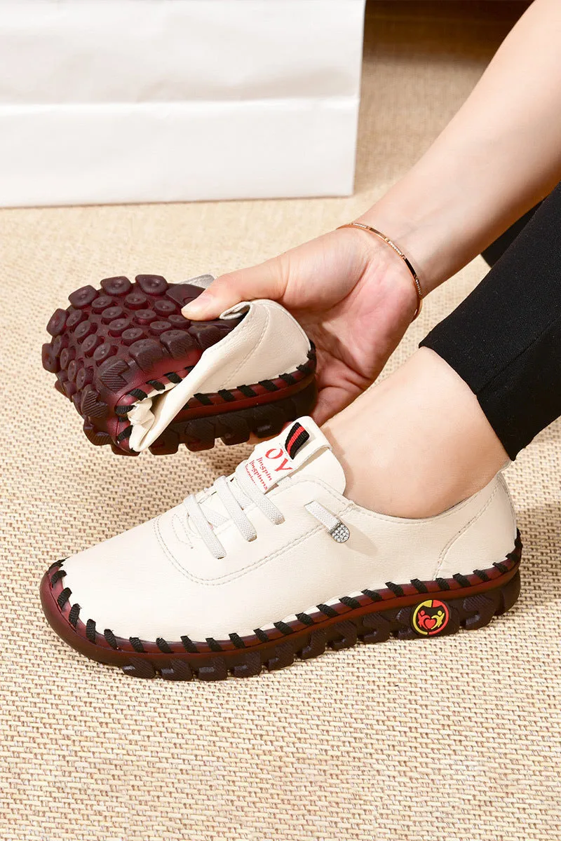 Women's leather handmade mother shoes round toe microfiber upper plain pattern in black