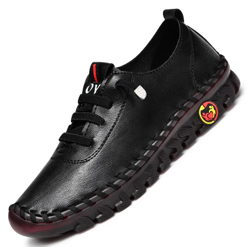 Women's leather handmade mother shoes round toe microfiber upper plain pattern in black