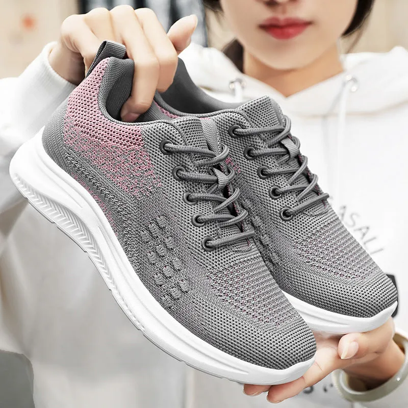 Women's lace-up sneakers in breathable mesh cloth, solid colour, round toe, PVC sole