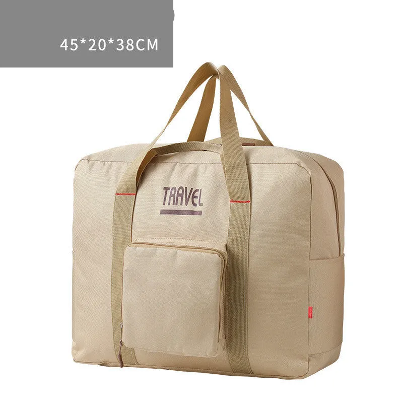Foldable large capacity canvas travel bag in grey with soft handle and zipper pocket