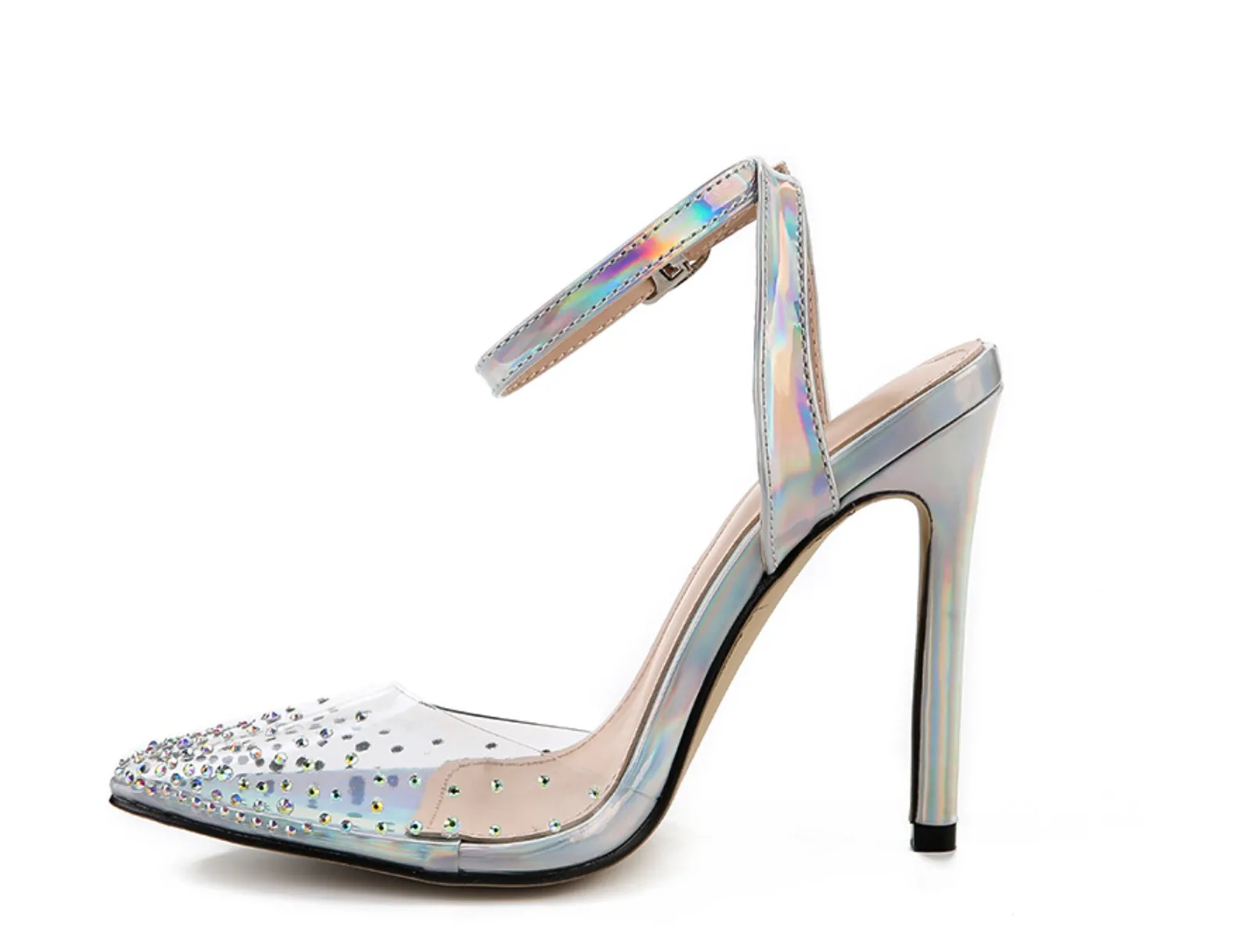Gold glitter pointed toe stiletto sandals for women on a white background