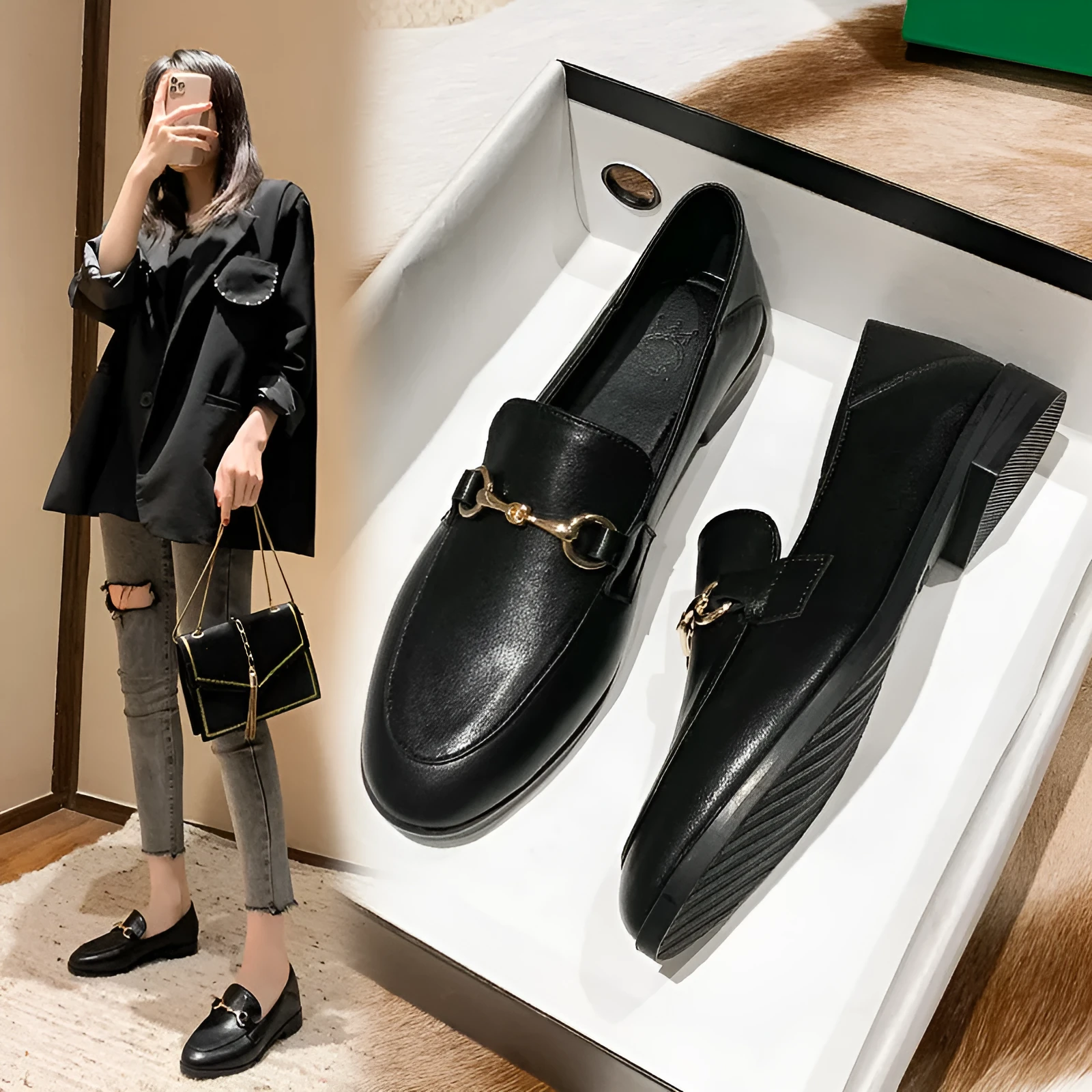 Women's black leather flat shoes with round toe and low heel, side view