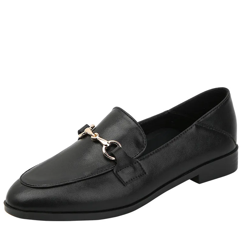 Women's black leather flat shoes with round toe and low heel, side view