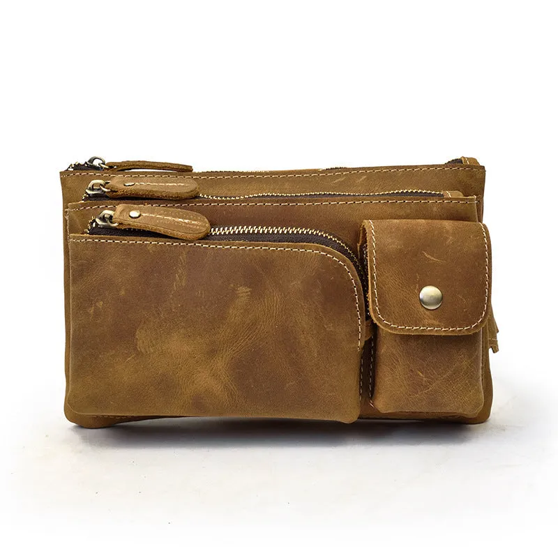 Men's genuine cowhide leather crossbody chest bag with multiple zipper pockets in brown