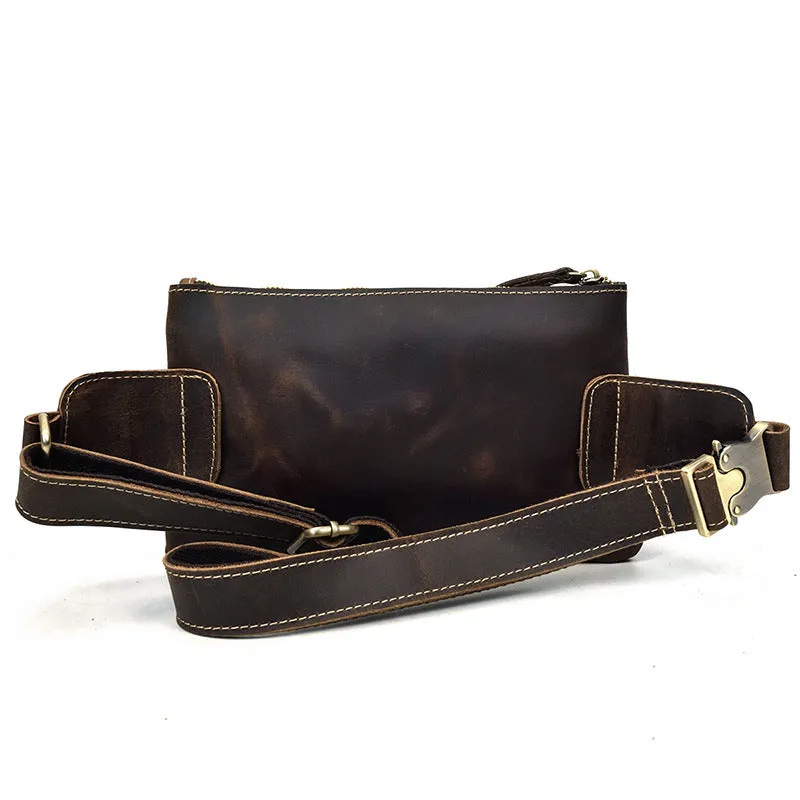Men's genuine cowhide leather crossbody chest bag with multiple zipper pockets in brown