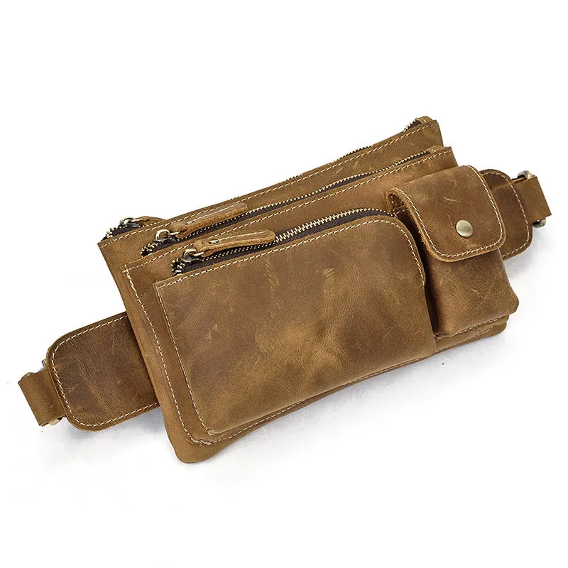 Men's genuine cowhide leather crossbody chest bag with multiple zipper pockets in brown