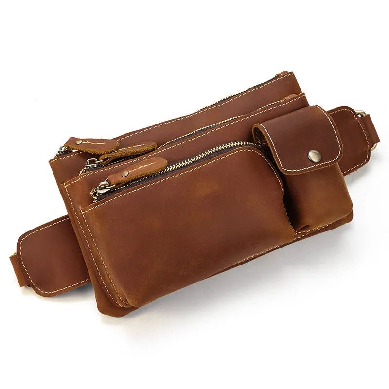 Men's genuine cowhide leather crossbody chest bag with multiple zipper pockets in brown