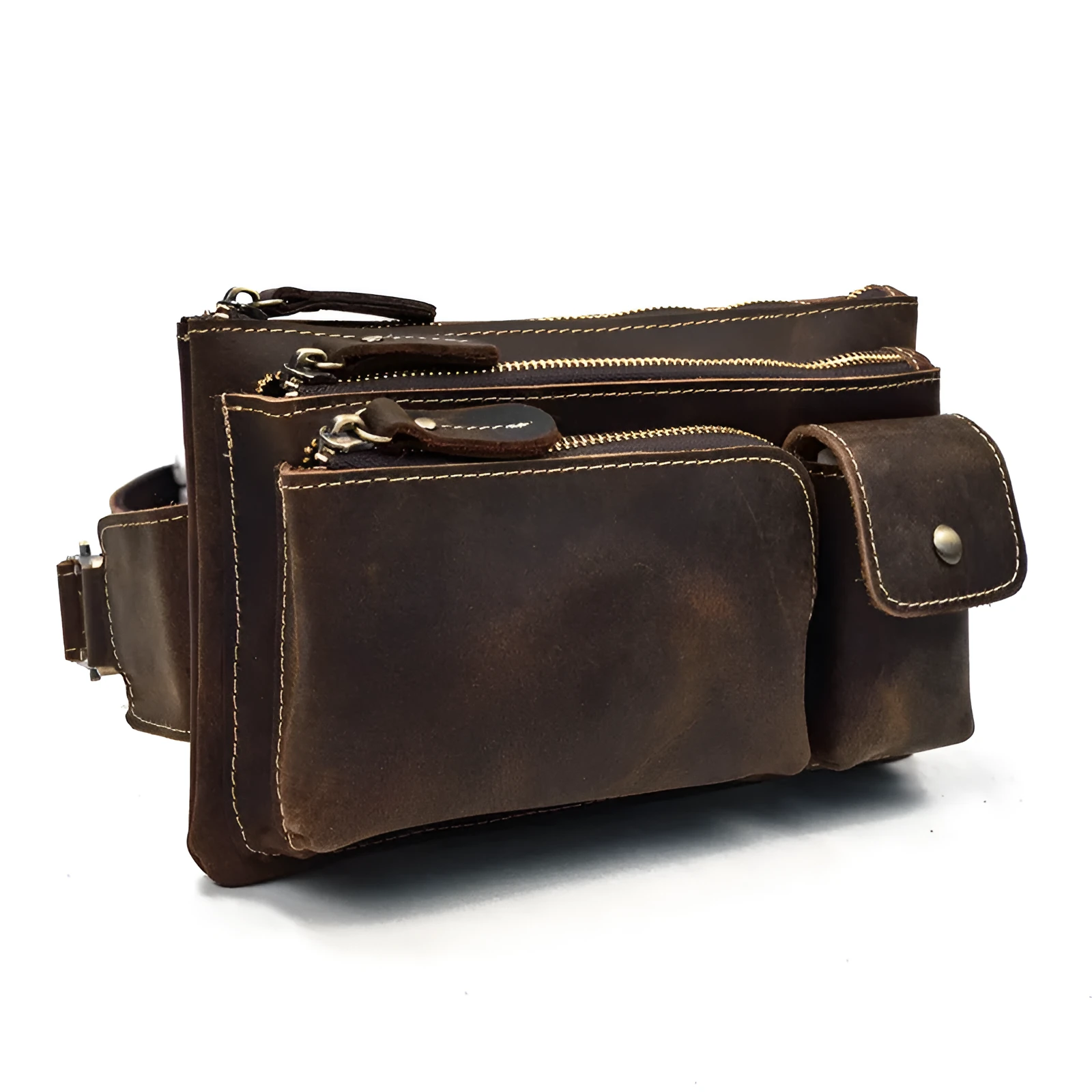 Men's genuine cowhide leather crossbody chest bag with multiple zipper pockets in brown
