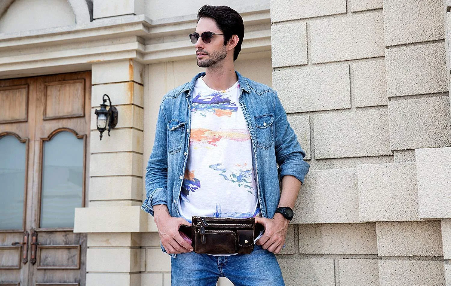 Men's genuine cowhide leather crossbody chest bag with multiple zipper pockets in brown