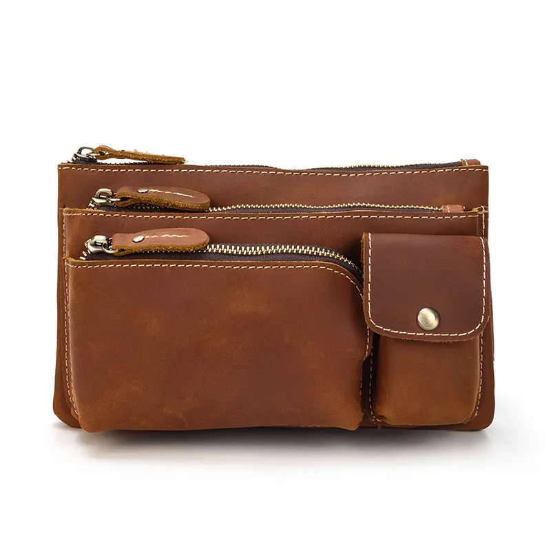Men's genuine cowhide leather crossbody chest bag with multiple zipper pockets in brown