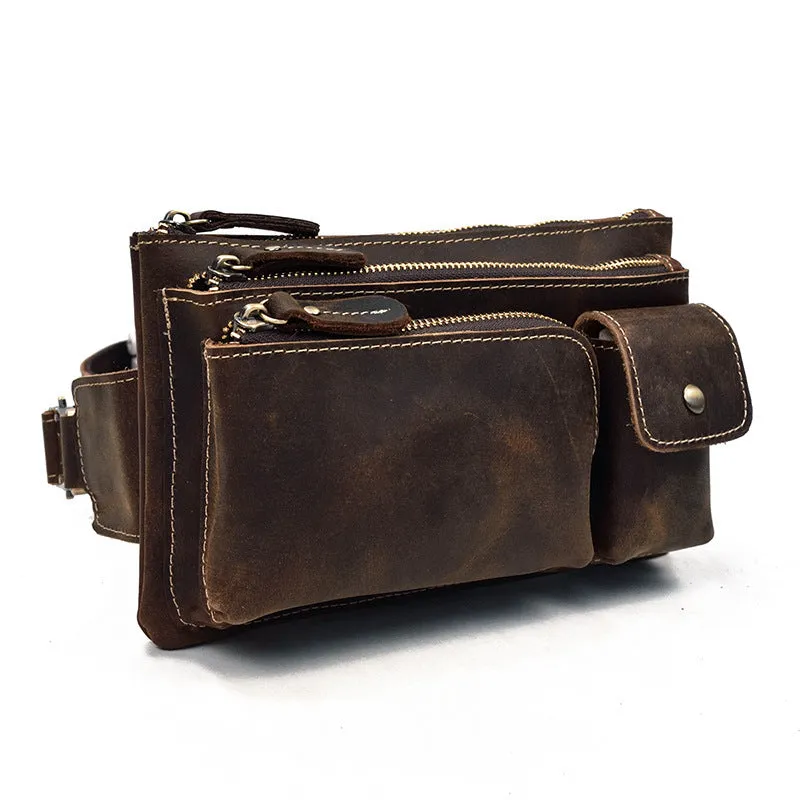 Men's genuine cowhide leather crossbody chest bag with multiple zipper pockets in brown