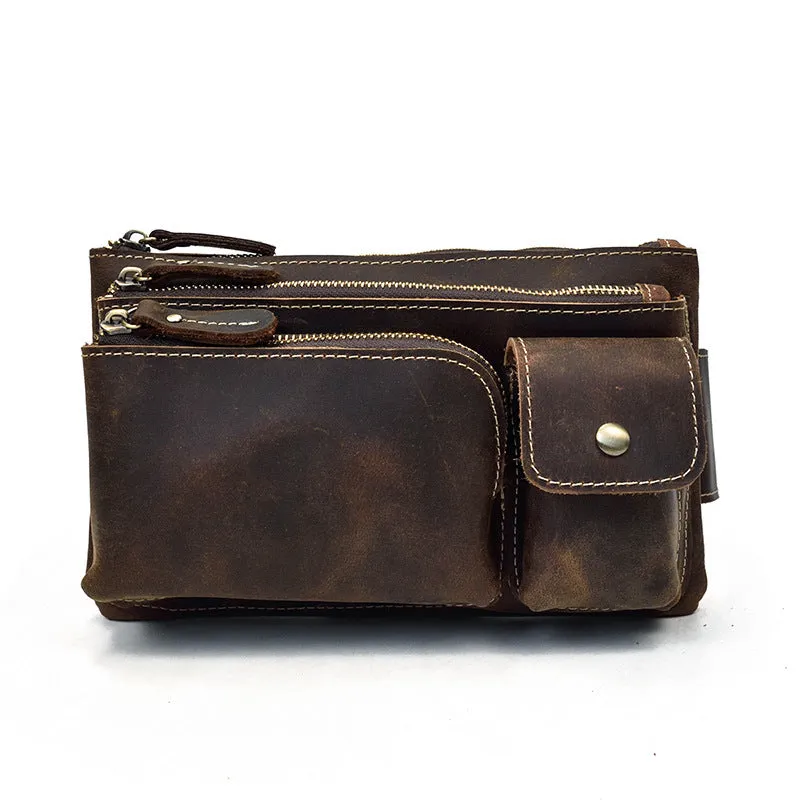 Men's genuine cowhide leather crossbody chest bag with multiple zipper pockets in brown