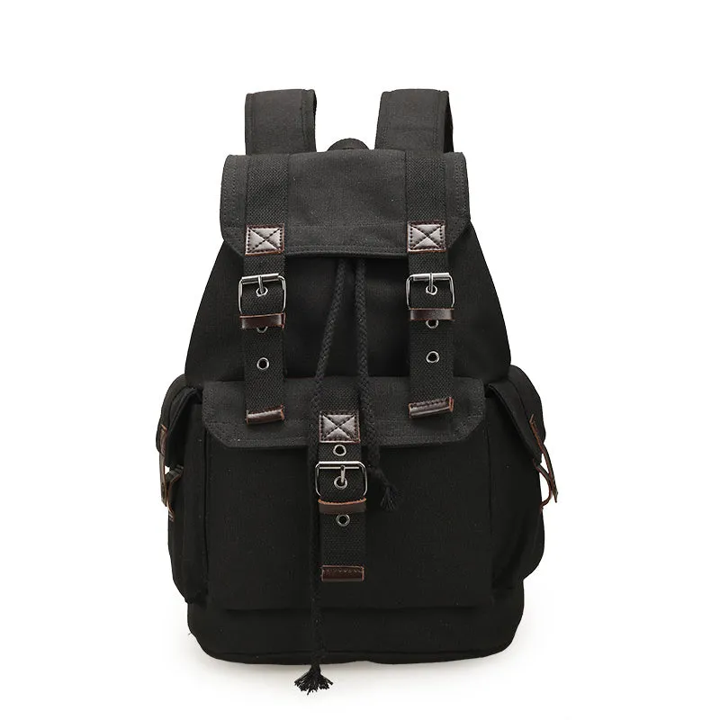 Large capacity canvas bucket backpack for men, khaki colour, with drawstring closure and retro vertical square shape