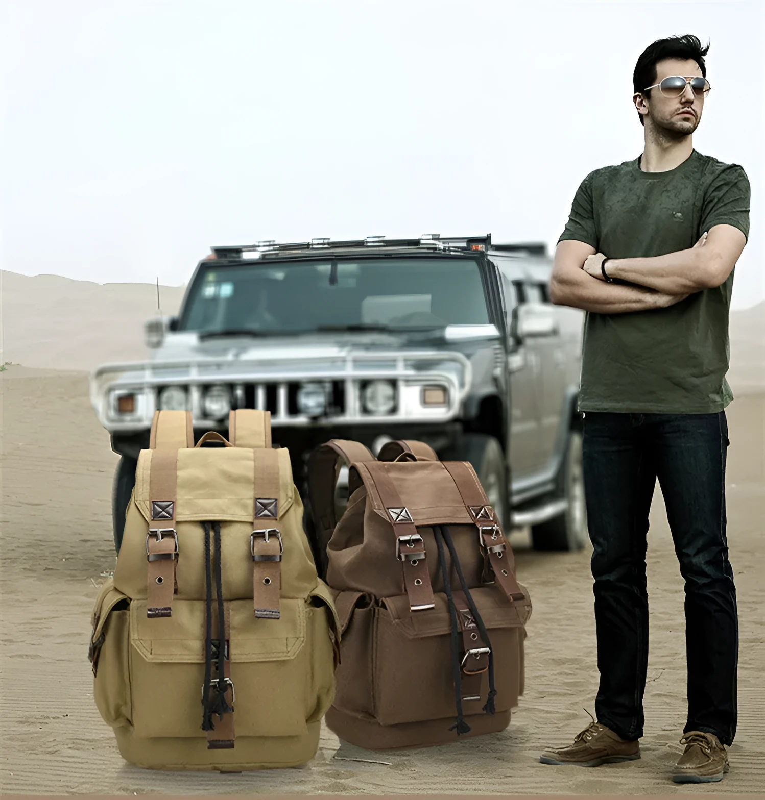 Large capacity canvas bucket backpack for men, khaki colour, with drawstring closure and retro vertical square shape