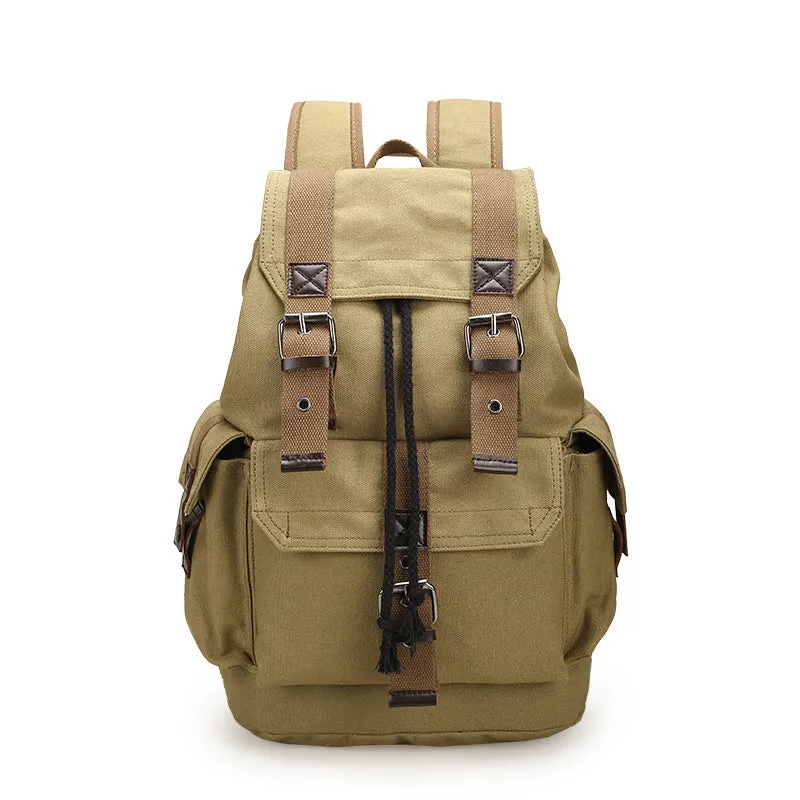 Large capacity canvas bucket backpack for men, khaki colour, with drawstring closure and retro vertical square shape