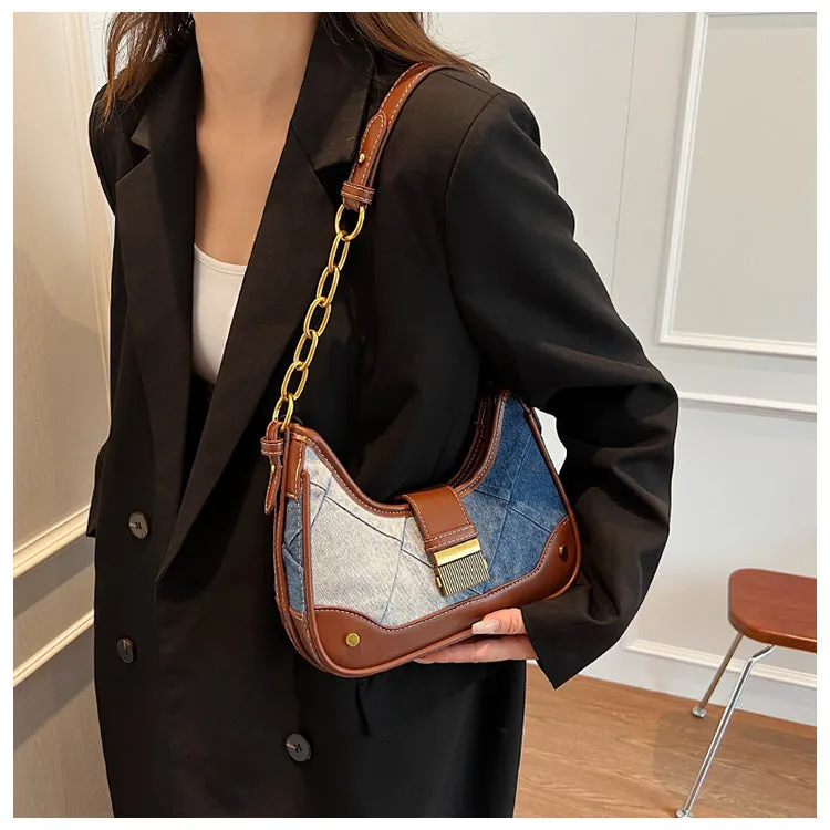 Brown denim women's shoulder bag with diamond mesh chain detail and bucket design
