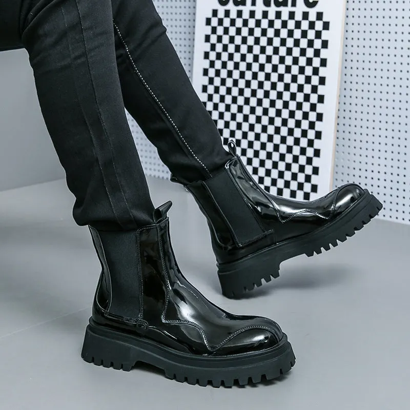 Men's glossy patent leather ankle boots with low square heel and sewing thread detail, black colour