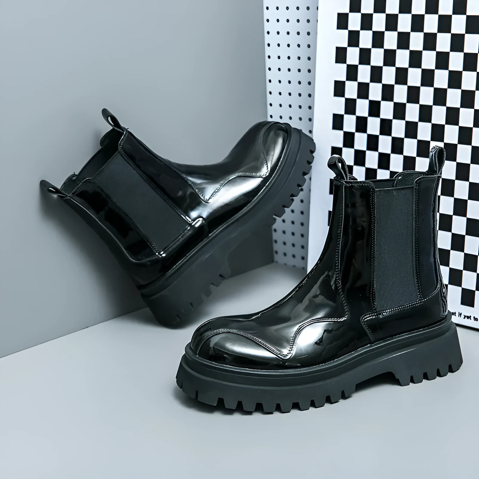 Men's glossy patent leather ankle boots with low square heel and sewing thread detail, black colour