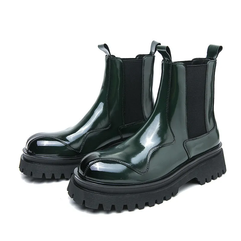 Men's glossy patent leather ankle boots with low square heel and sewing thread detail, black colour
