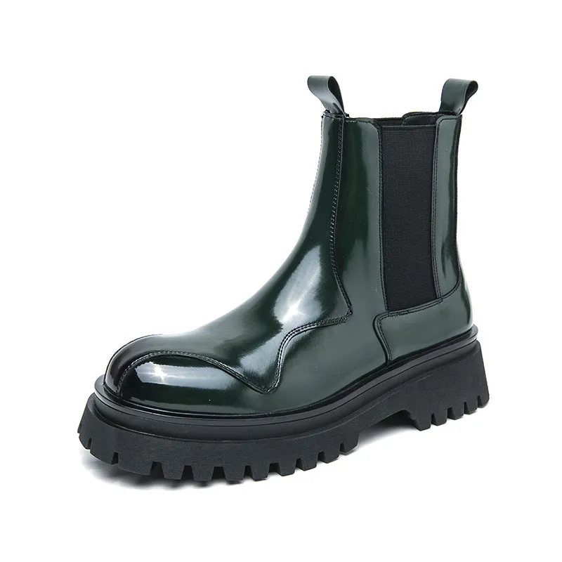 Men's glossy patent leather ankle boots with low square heel and sewing thread detail, black colour