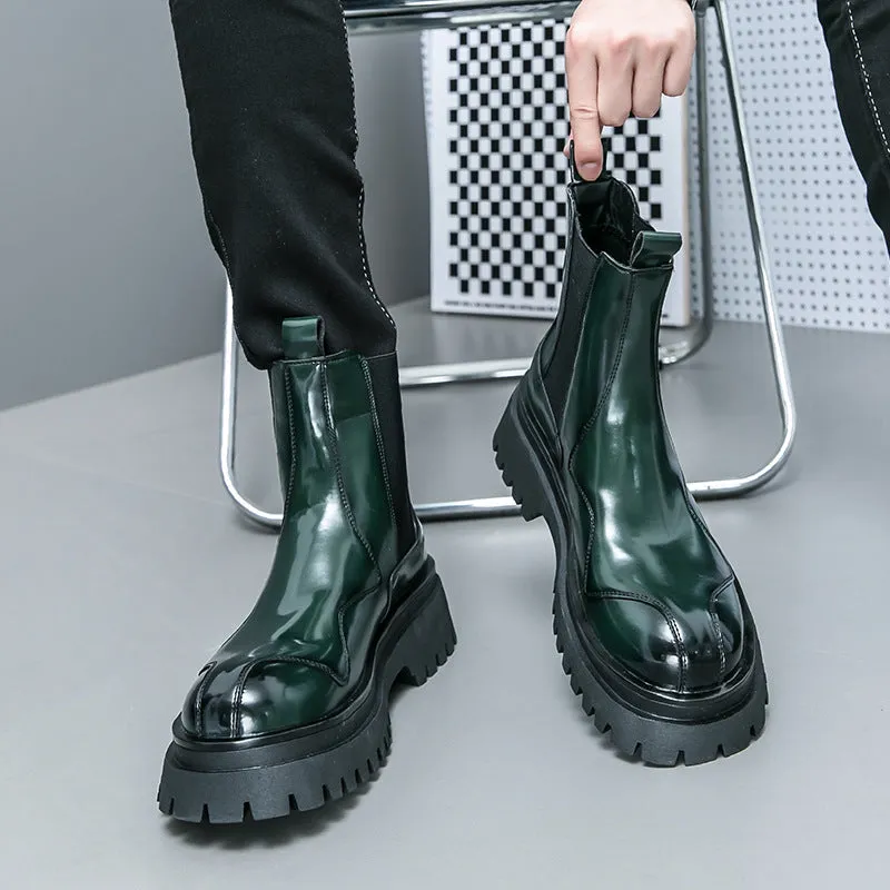 Men's glossy patent leather ankle boots with low square heel and sewing thread detail, black colour
