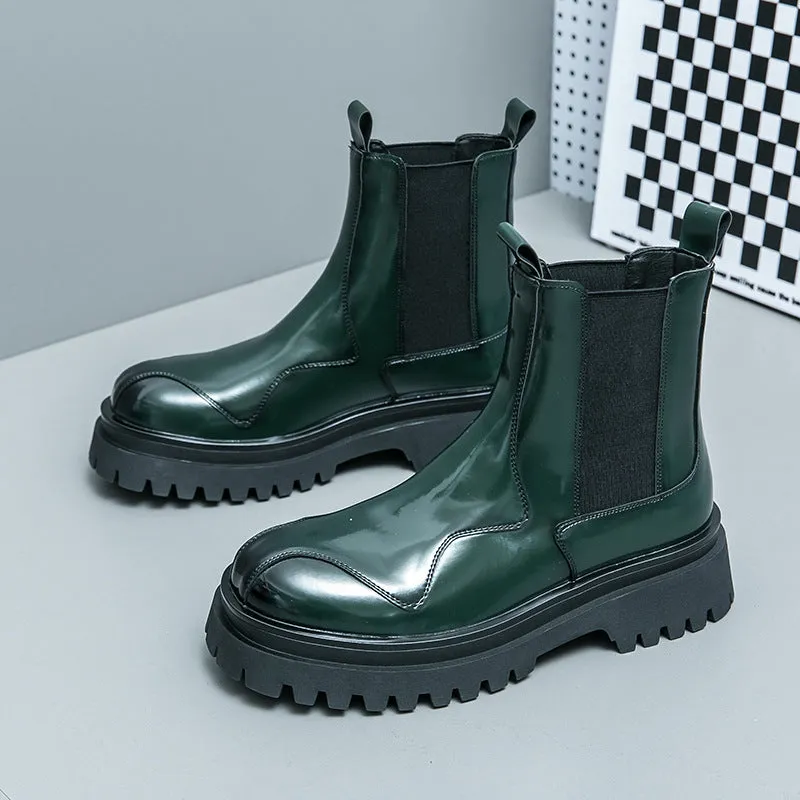 Men's glossy patent leather ankle boots with low square heel and sewing thread detail, black colour
