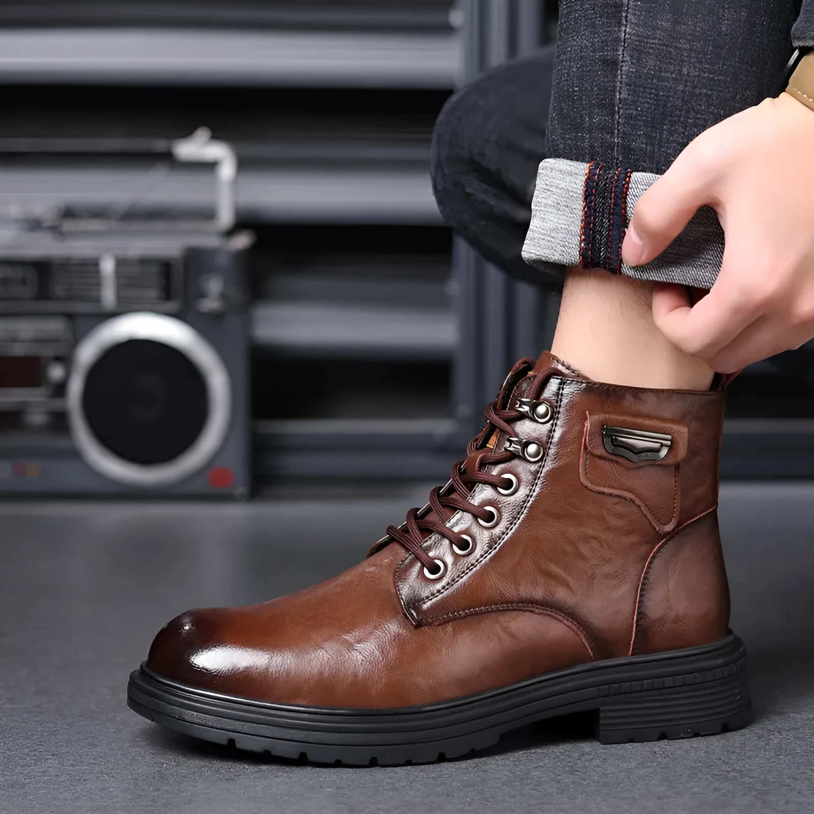 Fashion Haulage men's motorcycle booties in black with low heel and two-layer cowhide upper