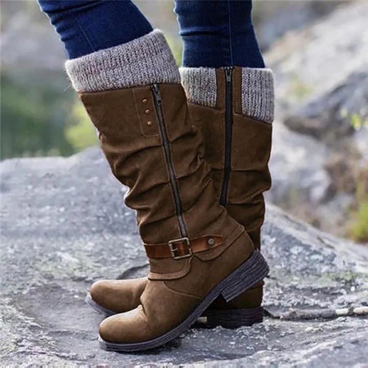 Knight boots for women, high tube, chunky heel, side zipper, rivet and belt buckle details, black artificial PU upper