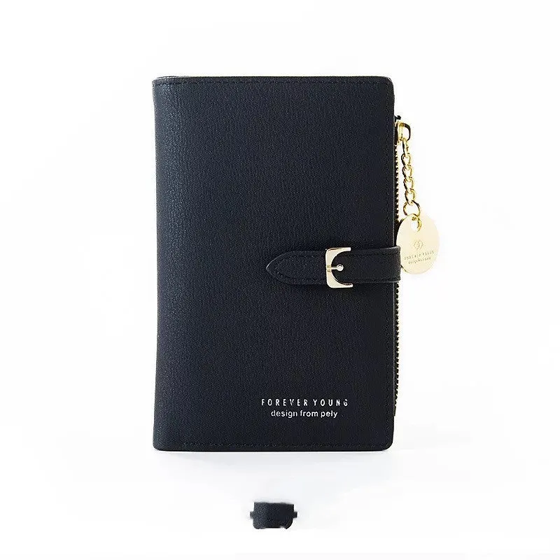 Women's PU leather clutch wallet in black, 2 fold, zipper buckle, 14.5 cm x 9.5 cm x 2 cm