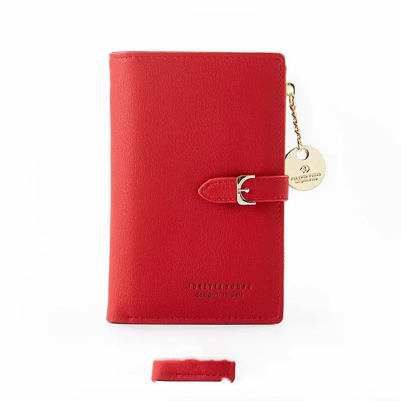 Women's PU leather clutch wallet in black, 2 fold, zipper buckle, 14.5 cm x 9.5 cm x 2 cm
