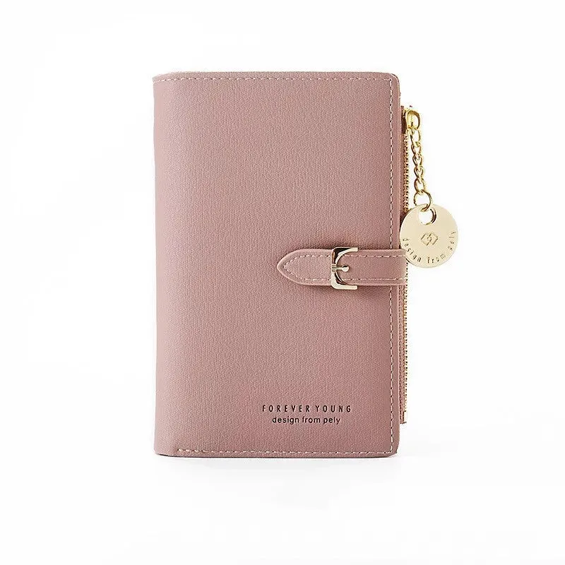 Women's PU leather clutch wallet in black, 2 fold, zipper buckle, 14.5 cm x 9.5 cm x 2 cm