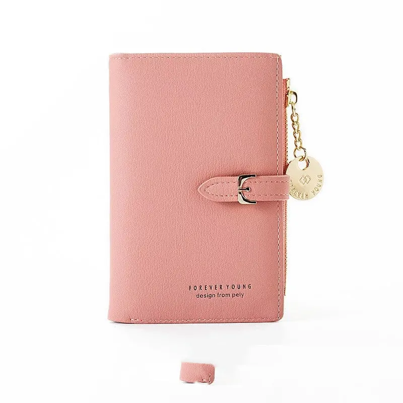 Women's PU leather clutch wallet in black, 2 fold, zipper buckle, 14.5 cm x 9.5 cm x 2 cm