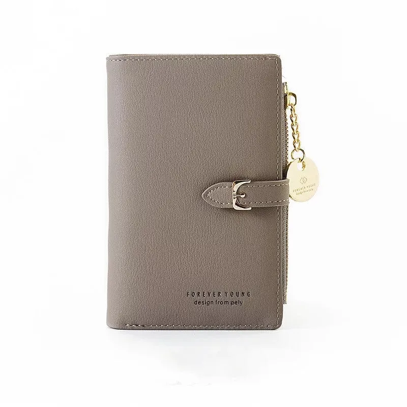 Women's PU leather clutch wallet in black, 2 fold, zipper buckle, 14.5 cm x 9.5 cm x 2 cm