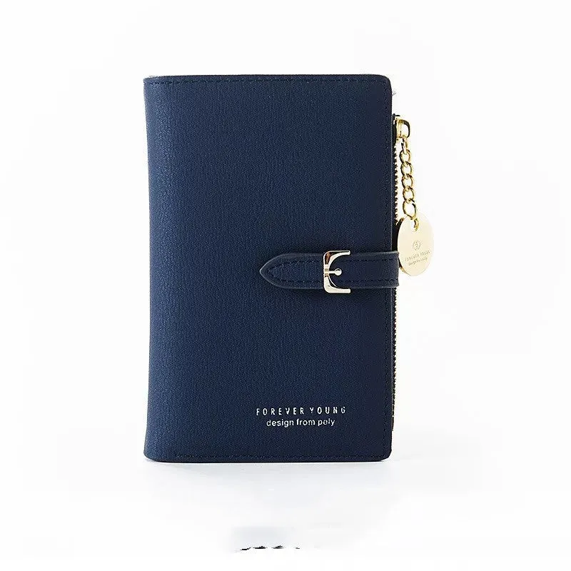 Women's PU leather clutch wallet in black, 2 fold, zipper buckle, 14.5 cm x 9.5 cm x 2 cm