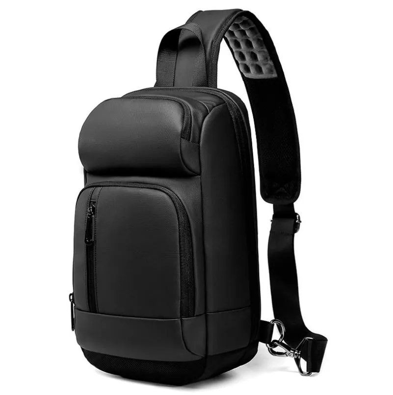 Black PVC outdoor leisure shoulder bag with a single strap, showing dedicated pockets for ID, phone, and computer.