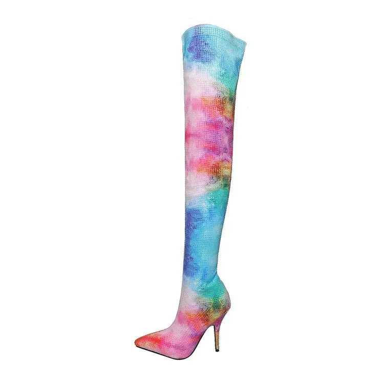 Women's iridescent over-the-knee boots with skinny heel, elastic fit, rubber sole, and two-layer pig skin lining in solid colour