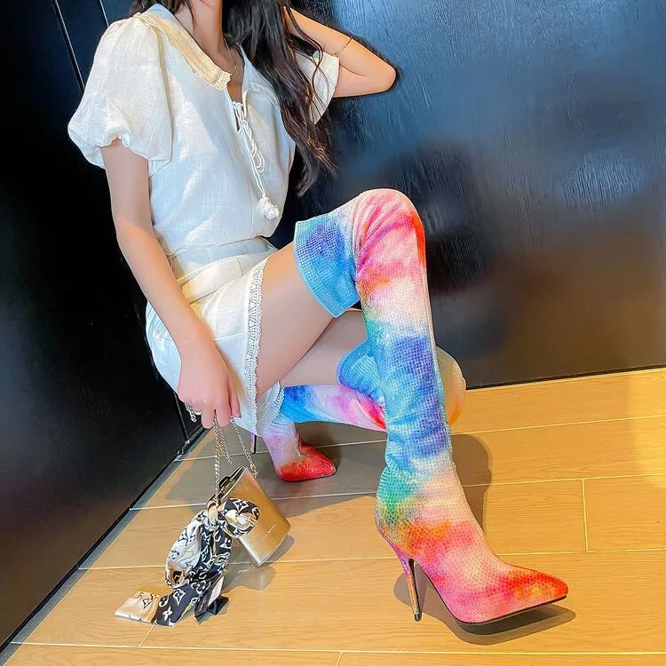 Women's iridescent over-the-knee boots with skinny heel, elastic fit, rubber sole, and two-layer pig skin lining in solid colour