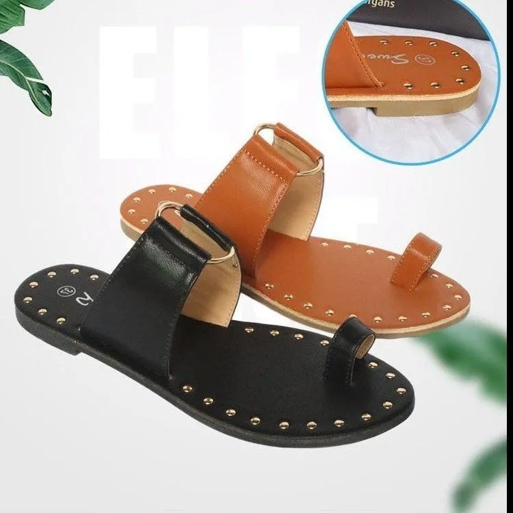 Women's summer flat sandals with rivet detail, artificial PU upper, black colour