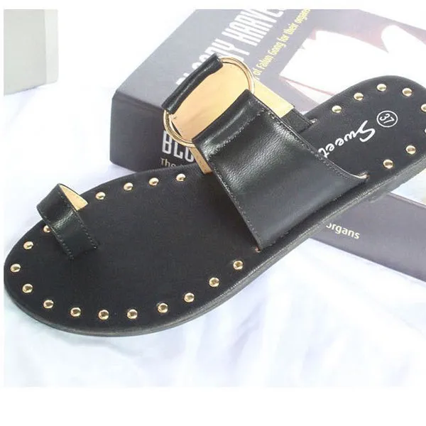 Women's summer flat sandals with rivet detail, artificial PU upper, black colour