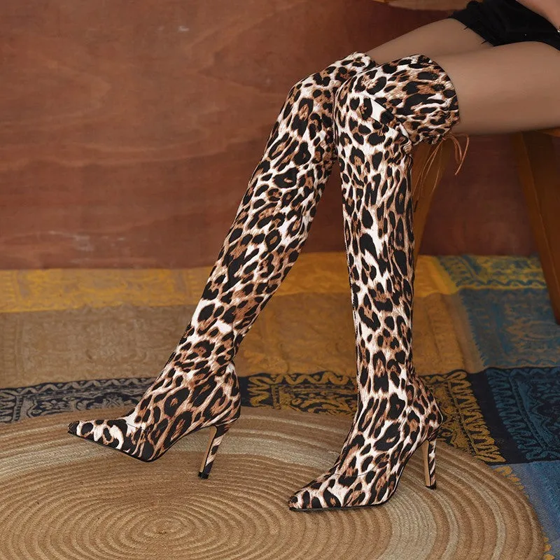Over-the-knee stiletto boots for women plus size, pointed toe, high heel 6-8cm, artificial PU, leopard print option