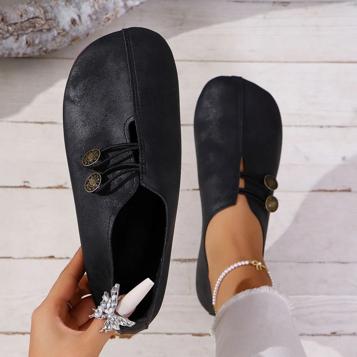 Ins square toe slip-on flat sandals for women, black artificial PU with rubber sole