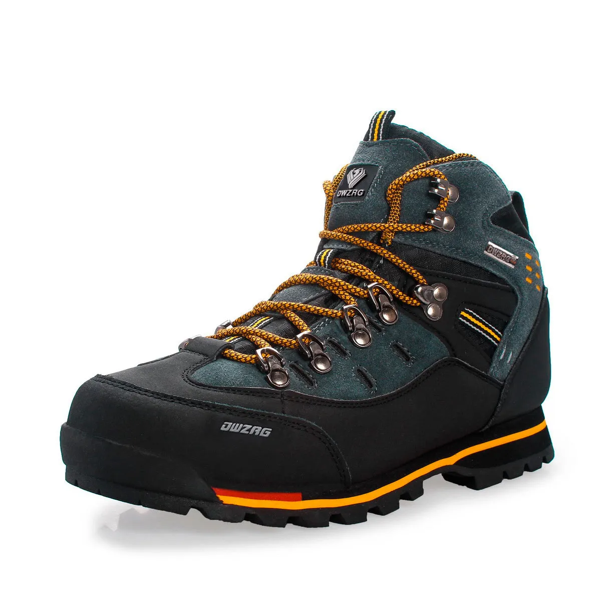High-top hiking boot with synthetic leather upper and EVA sole, round toe, sewn line detailing, black and yellow colour