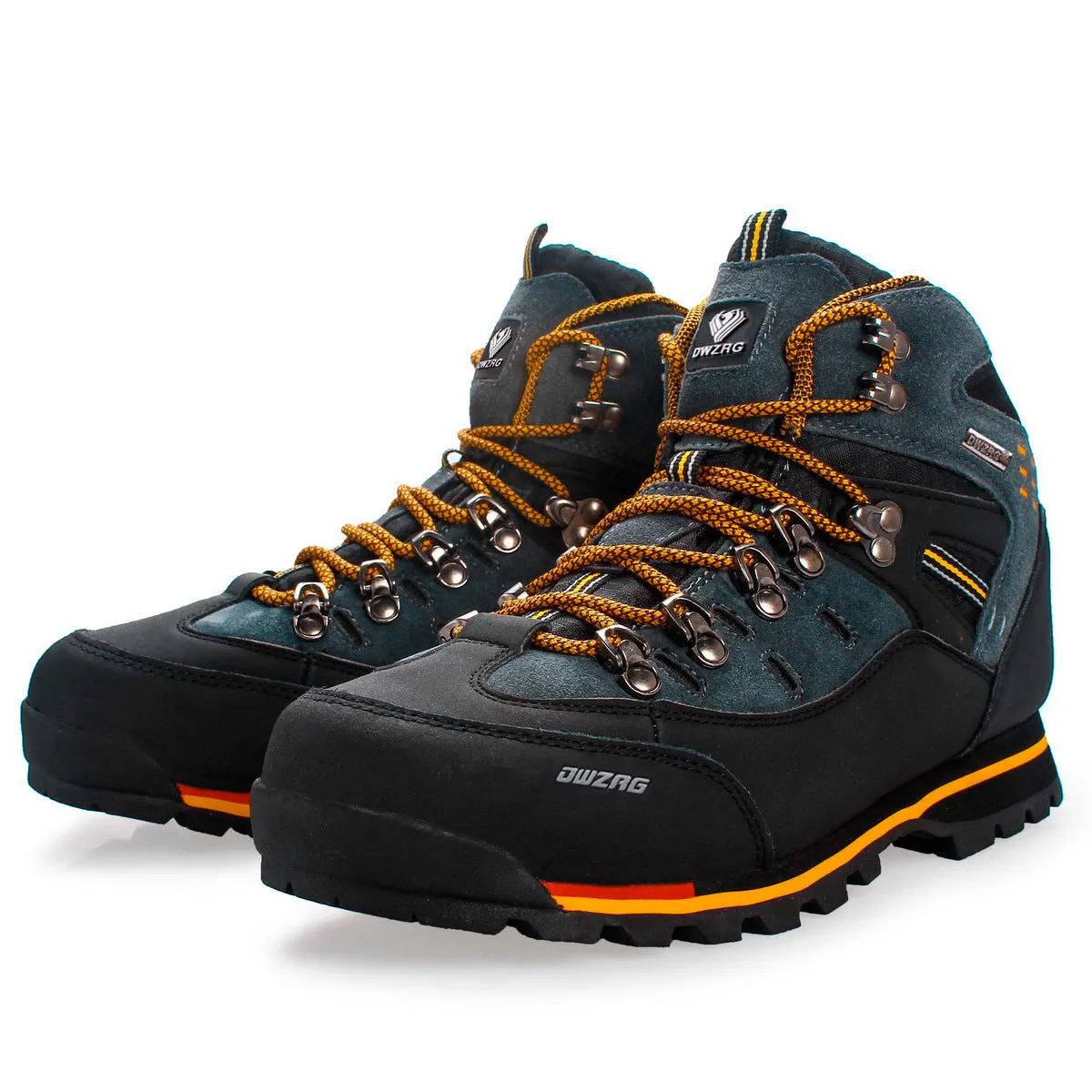 High-top hiking boot with synthetic leather upper and EVA sole, round toe, sewn line detailing, black and yellow colour