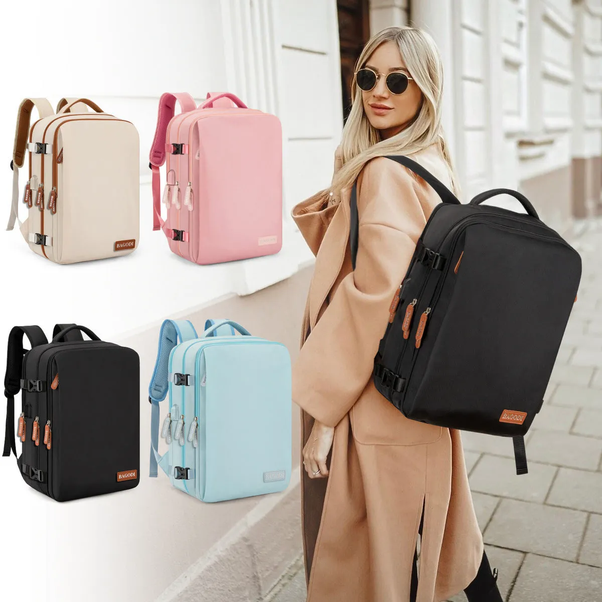 Water repellent travel backpack in black made from polyester fibre, with single main compartment, for business use