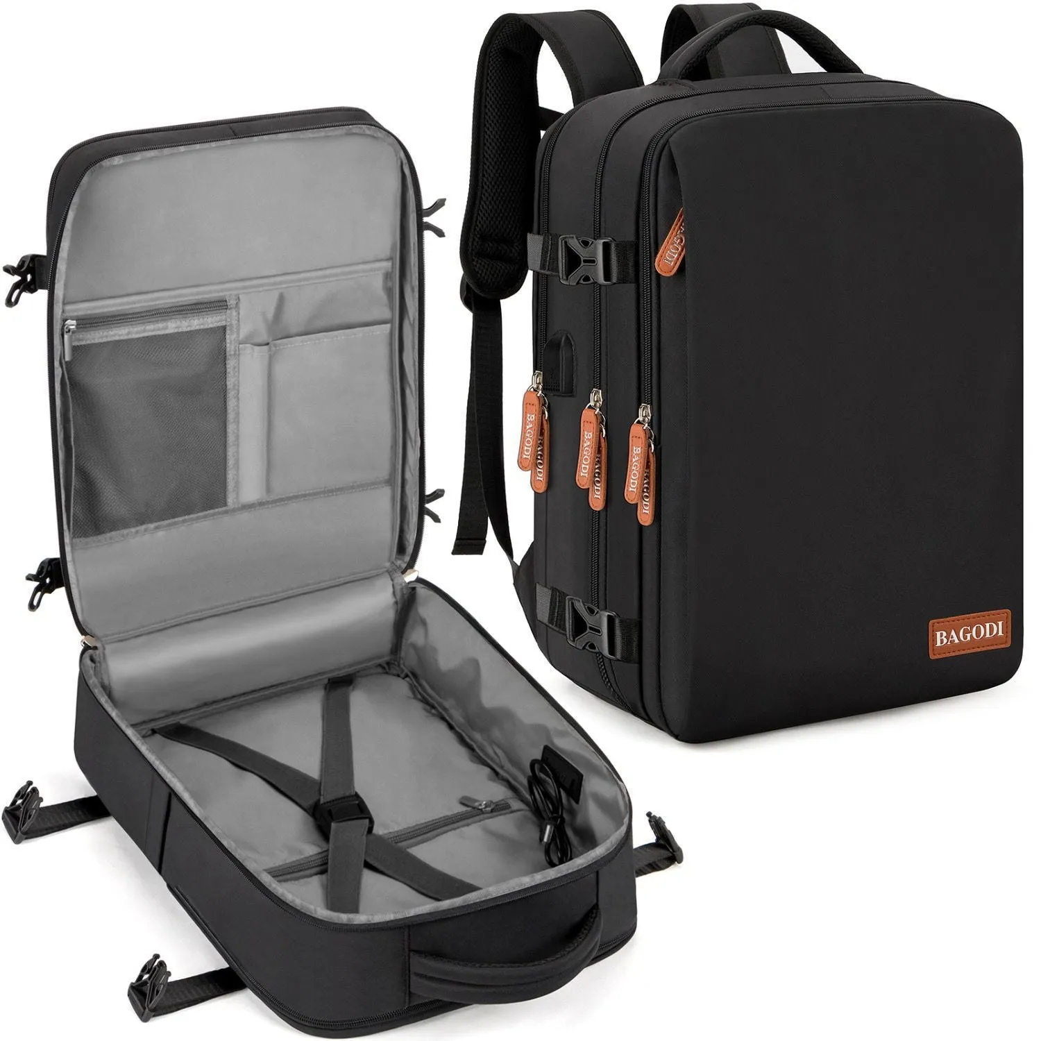 Water repellent travel backpack in black made from polyester fibre, with single main compartment, for business use