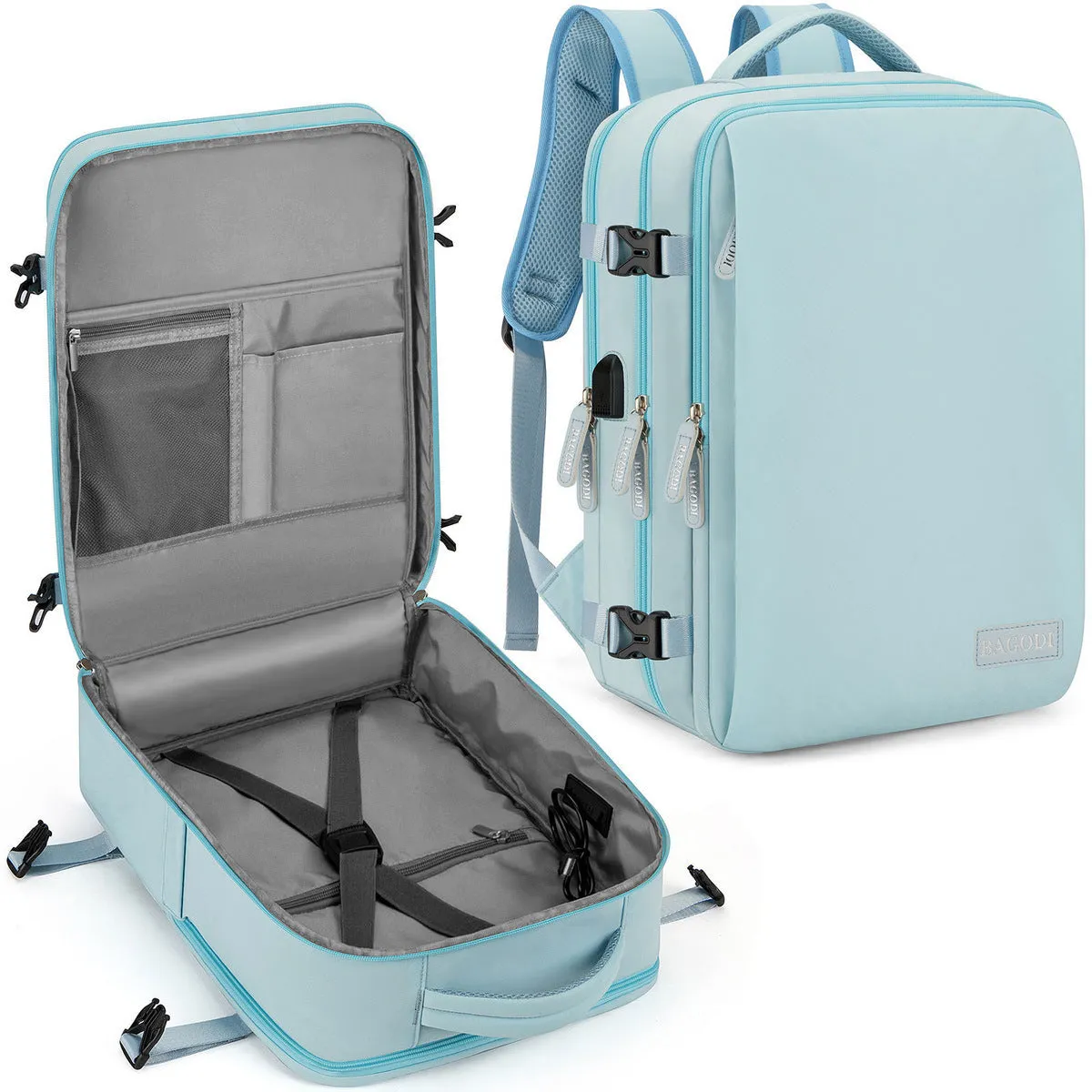 Water repellent travel backpack in black made from polyester fibre, with single main compartment, for business use